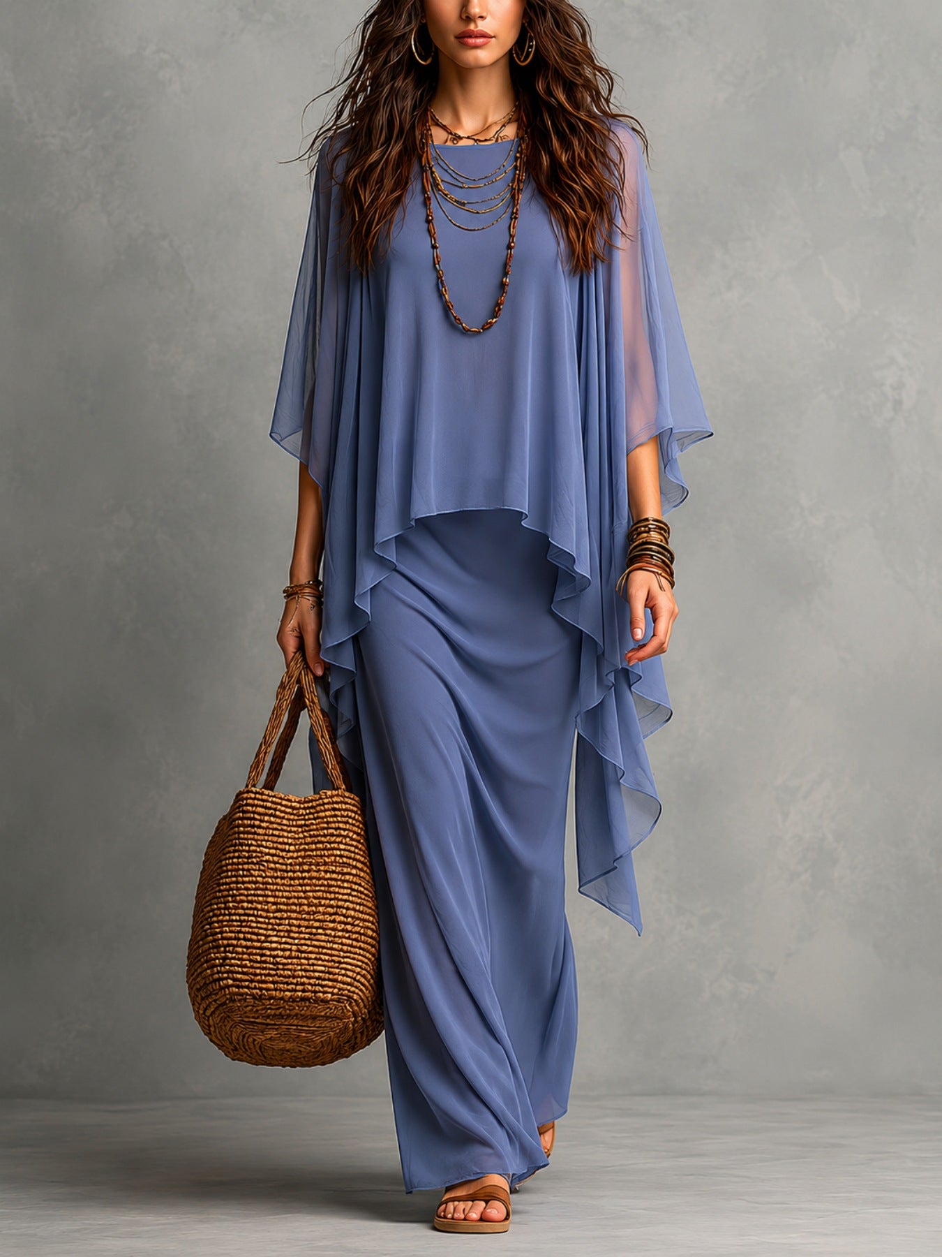 Flowy Linen Blend Poncho Top & Skirt Set