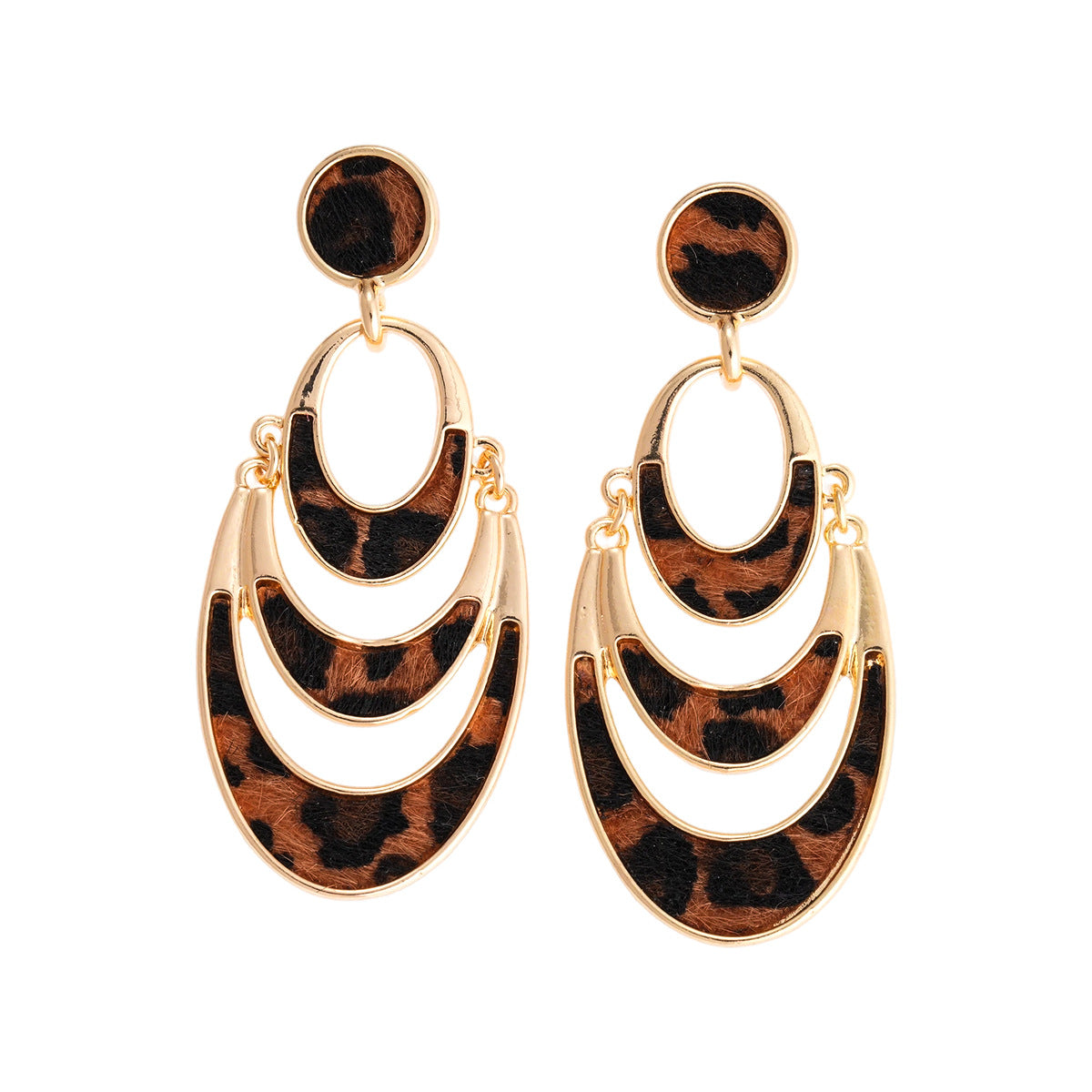 Layered Crescent Leopard Print Dangle Earrings Vintage 14K Gold Plated Animal Pattern Statement Drop Earrings