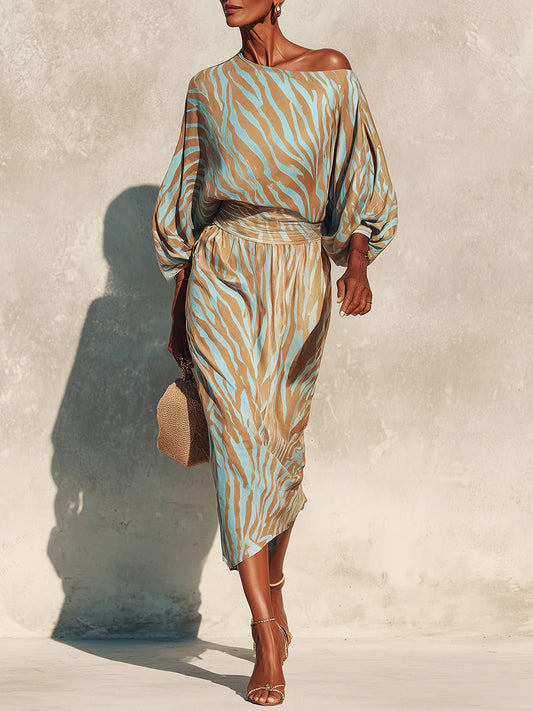 One Shoulder Balloon Sleeve Abstract Print Wrap Midi Dress