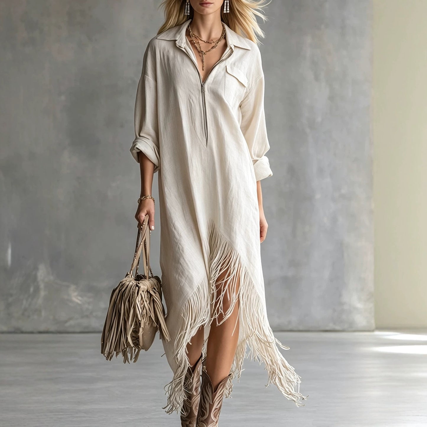 Half Zip Fringe Hem Boho Shirt Dress
