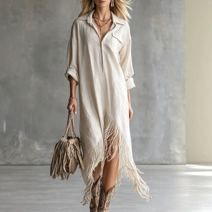 Half Zip Fringe Hem Boho Shirt Dress