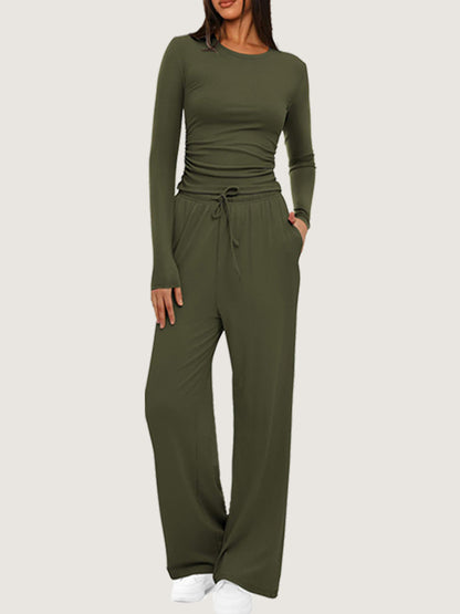 Ruched Long Sleeve Top & Drawstring Waist Pocket Wide Leg Pants Two Piece Set