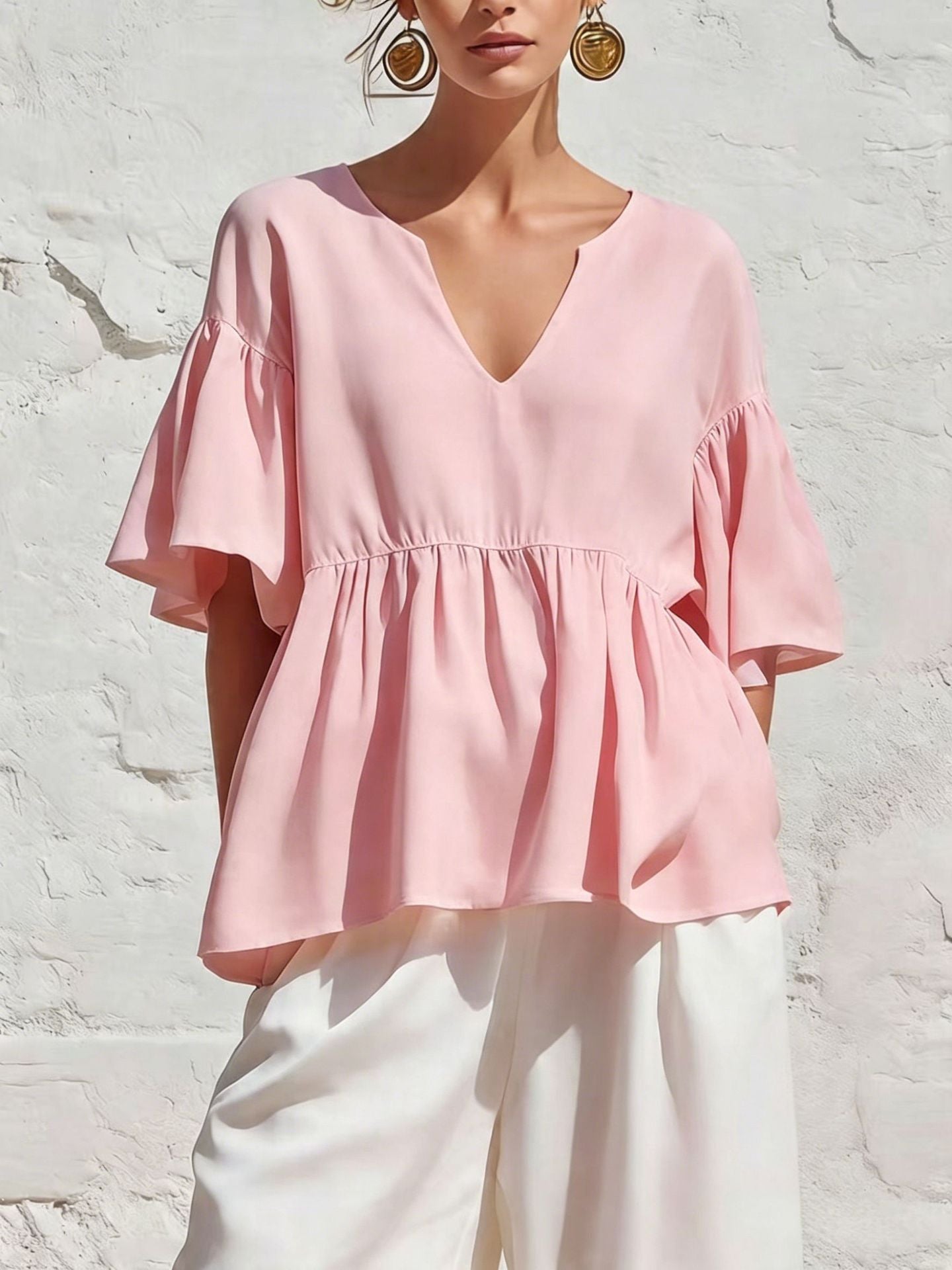 V-Neck Ruffle Sleeve Peplum Blouse