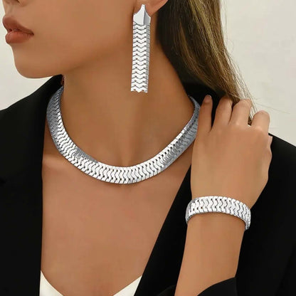 Wide Snake Scale Herringbone Jewelry 3-Piece Set Necklace Bracelet Drop Earrings - Silver gray