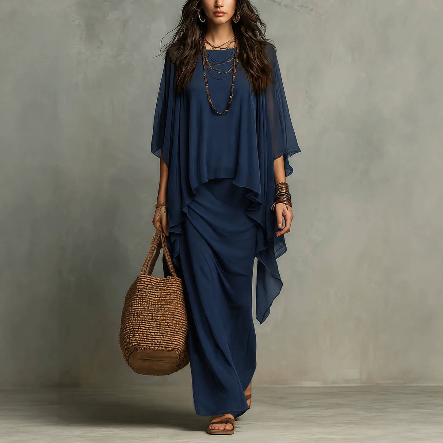 Flowy Linen Blend Poncho Top & Skirt Set