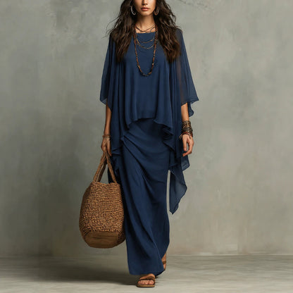 Flowy Linen Blend Poncho Top & Skirt Set