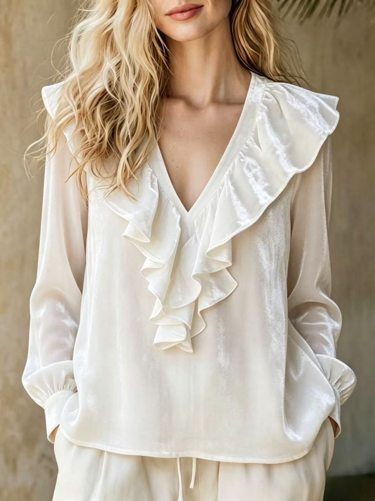 Ruffled V-Neck Velvet Long Sleeve Blouse