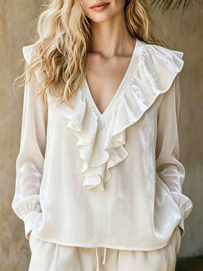 Ruffled V-Neck Velvet Long Sleeve Blouse