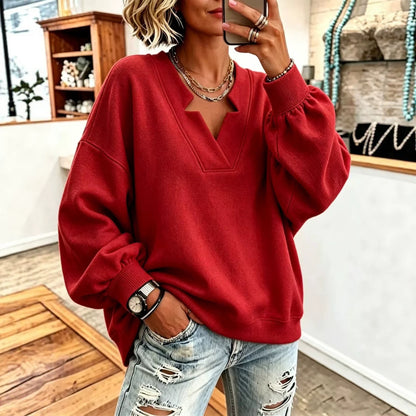 Women Solid Notched Split V-Neck Balloon Long Sleeve Oversized Sweatshirt