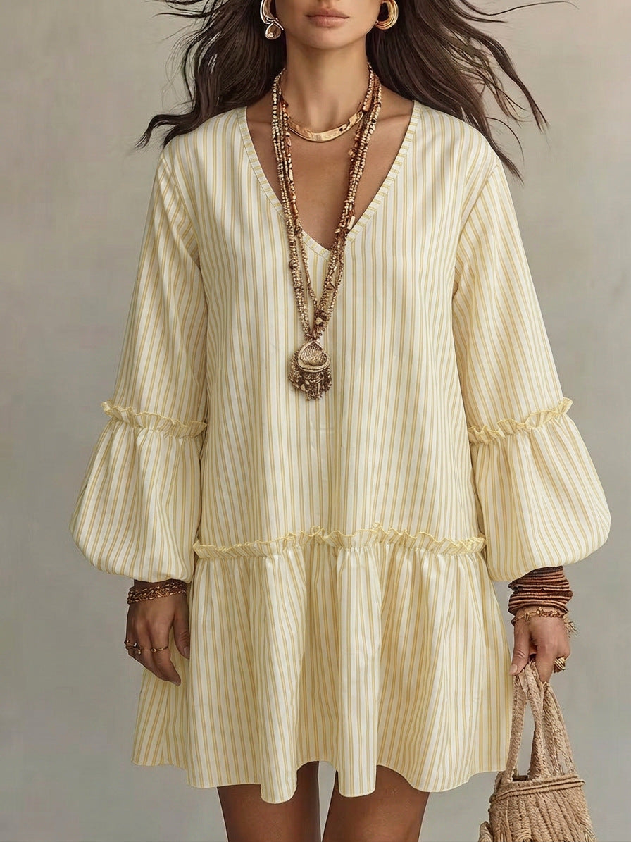 Striped V-Neck Ruffle Hem Mini Dress