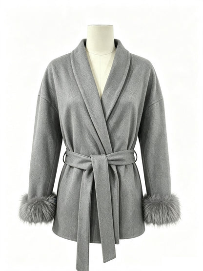 Cozy Belted Wrap Coat with Plush Fur Cuffs