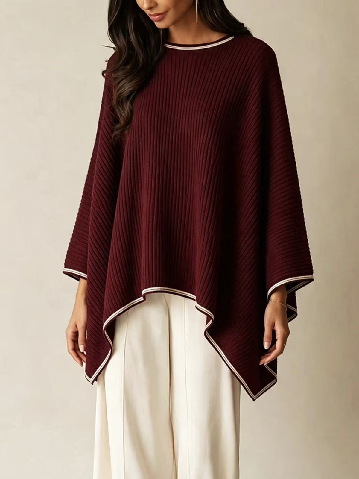 Ribbed Knit Poncho & Wide Leg Pants Two Piece Set
