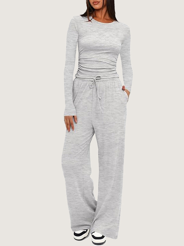 Ruched Long Sleeve Top & Drawstring Waist Pocket Wide Leg Pants Two Piece Set