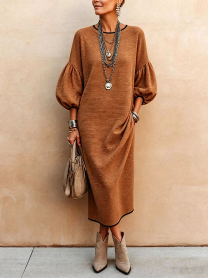 Elegant Solid-color Crew Neck With Puff Sleeves Maxi Dress