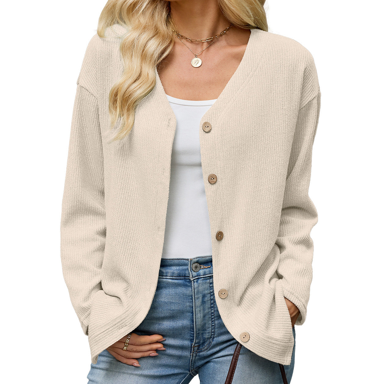 Button Front V-Neck Knit Cardigan