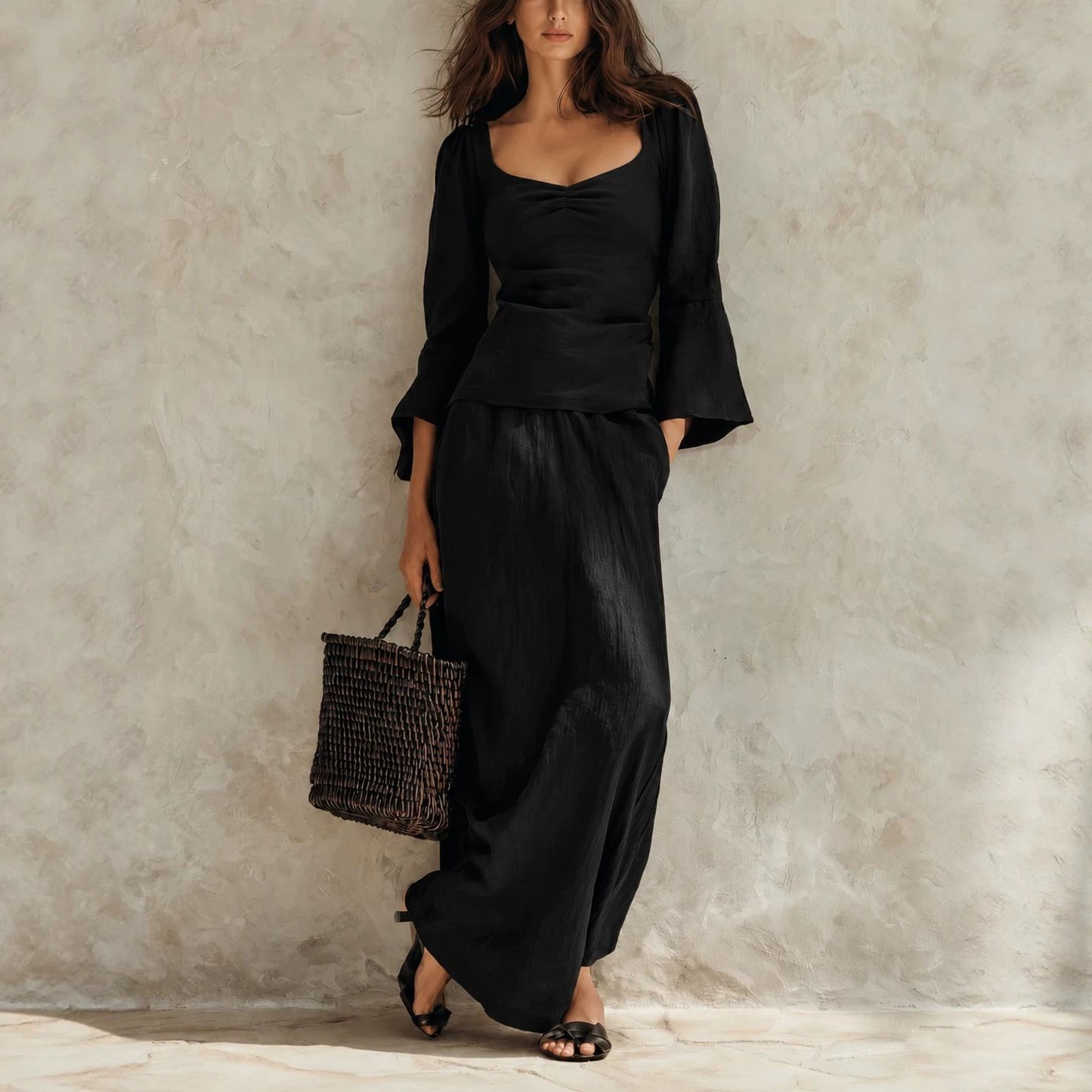 Square Neck Flare Sleeve Top & Maxi Skirt Matching Set