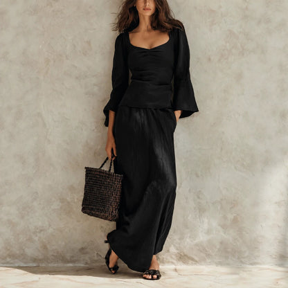 Square Neck Flare Sleeve Top & Maxi Skirt Matching Set