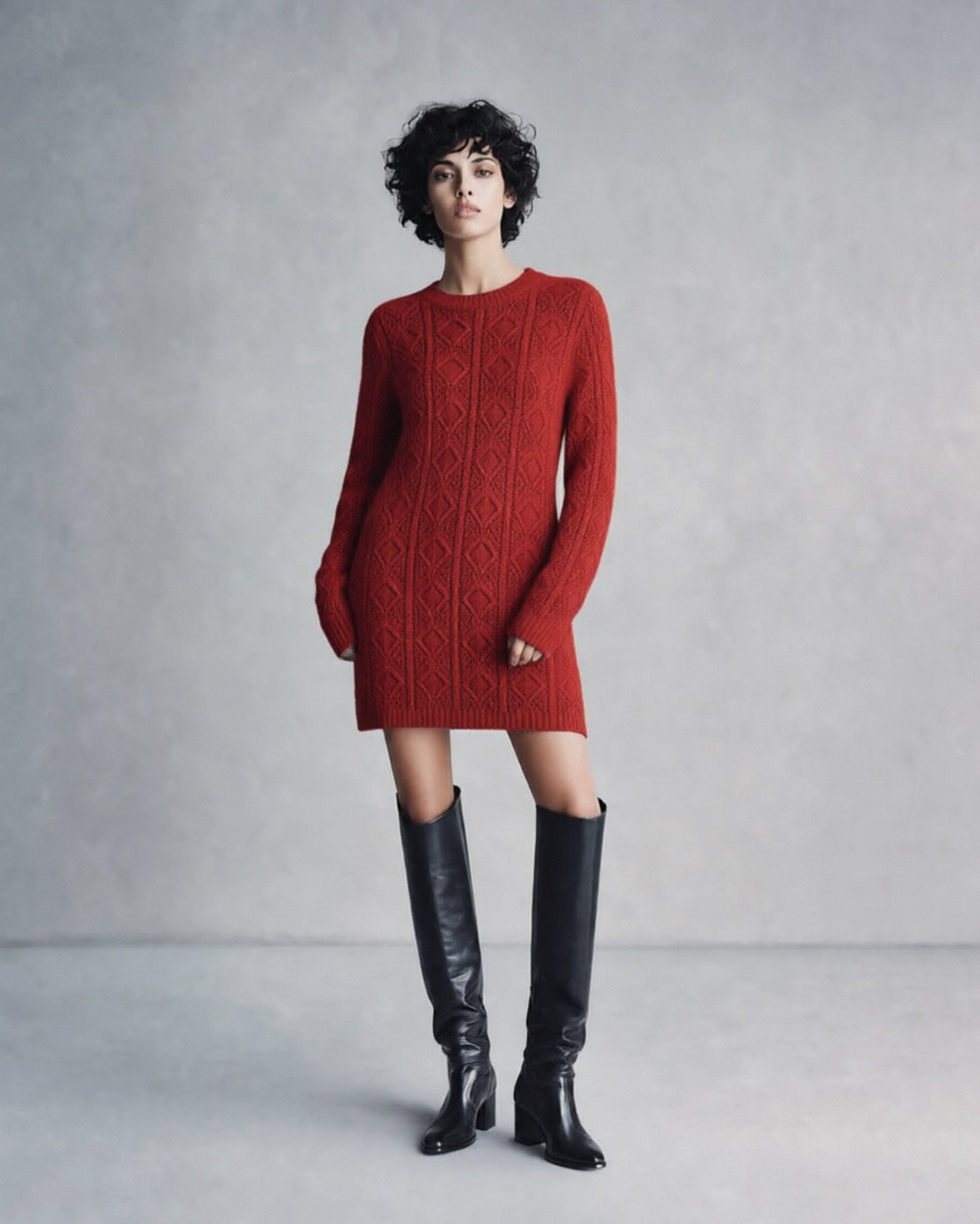 Cable Knit Crew Neck Long Sleeve Mini Sweater Dress