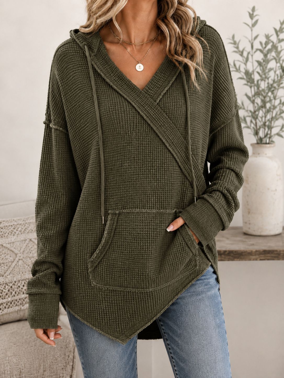 Women's Waffle Knit Surplice V Neck Long Sleeve Hooded Top with Pocket