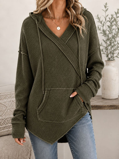 Women's Waffle Knit Surplice V Neck Long Sleeve Hooded Top with Pocket