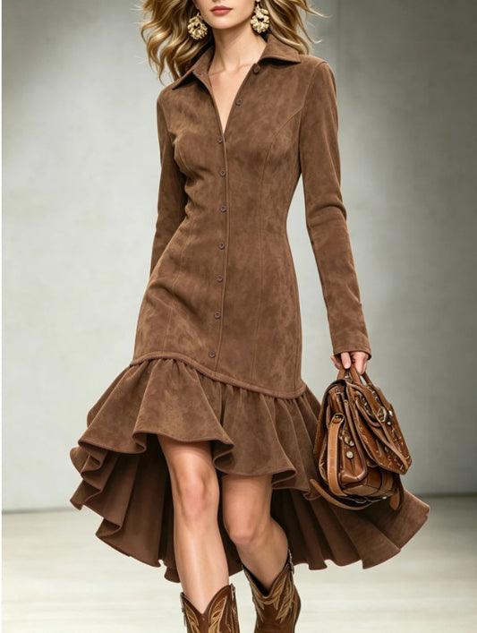 Suede Shirt Dress with Ruffled High-Low Hem