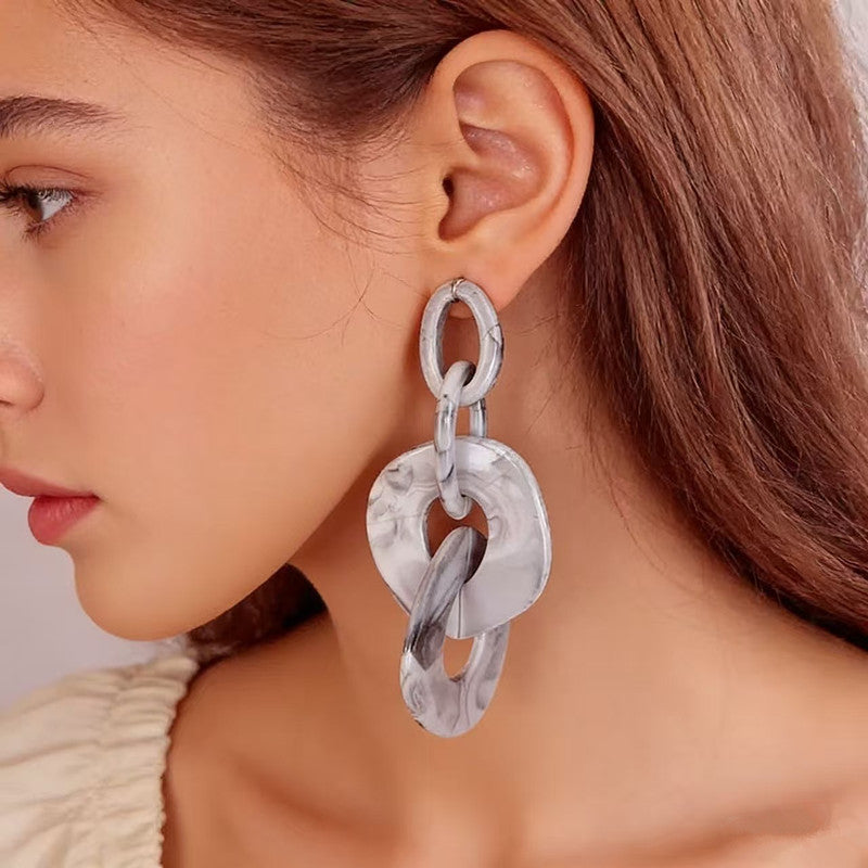 Marbled Resin Interlocked Chain Drop Earrings Oversized Chunky Link Statement Dangle Earrings