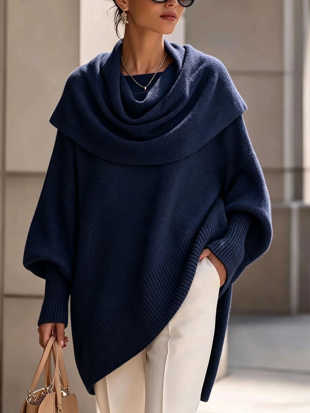 Women's Solid Cowl Neck Oversized Asymmetric Hem Knit Tunic Sweater