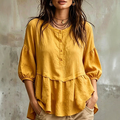 Peplum Balloon Sleeve Blouse – Soft Linen-Blend Casual Top