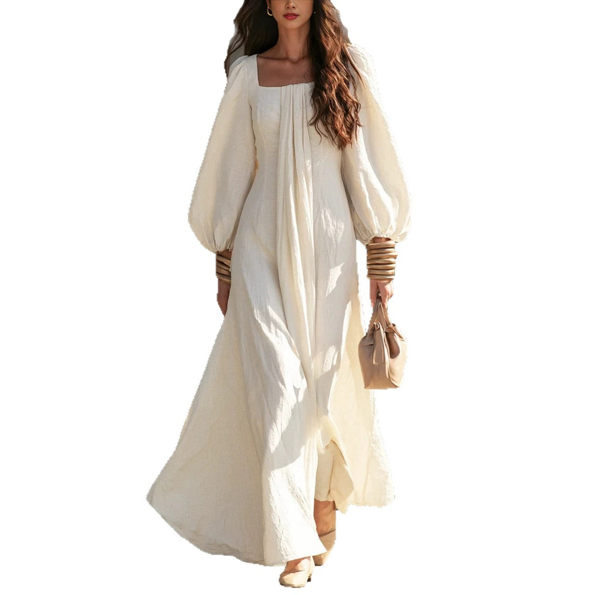 Square Neck Puff Long Sleeve Flowy Maxi Dress