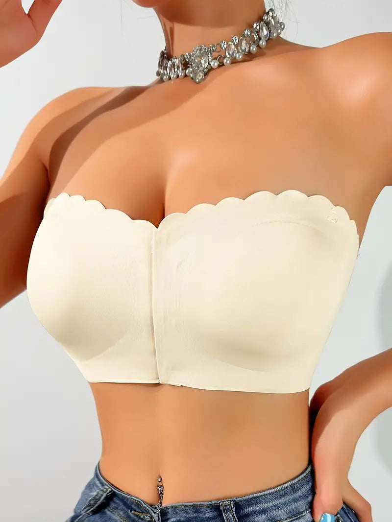 Hugmecurve® Womens Strapless Bra Non-Slip Padded Bandeau Bras Front Closure Bras for Women Wavy Trim Seamless Tube Top Bralette