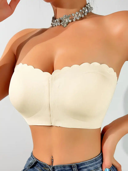 Hugmecurve® Womens Strapless Bra Non-Slip Padded Bandeau Bras Front Closure Bras for Women Wavy Trim Seamless Tube Top Bralette