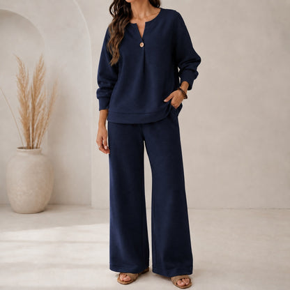 Fashion Loose Long-Sleeved Tops Wide-Leg Pants Casual Two-Piece Set For Women