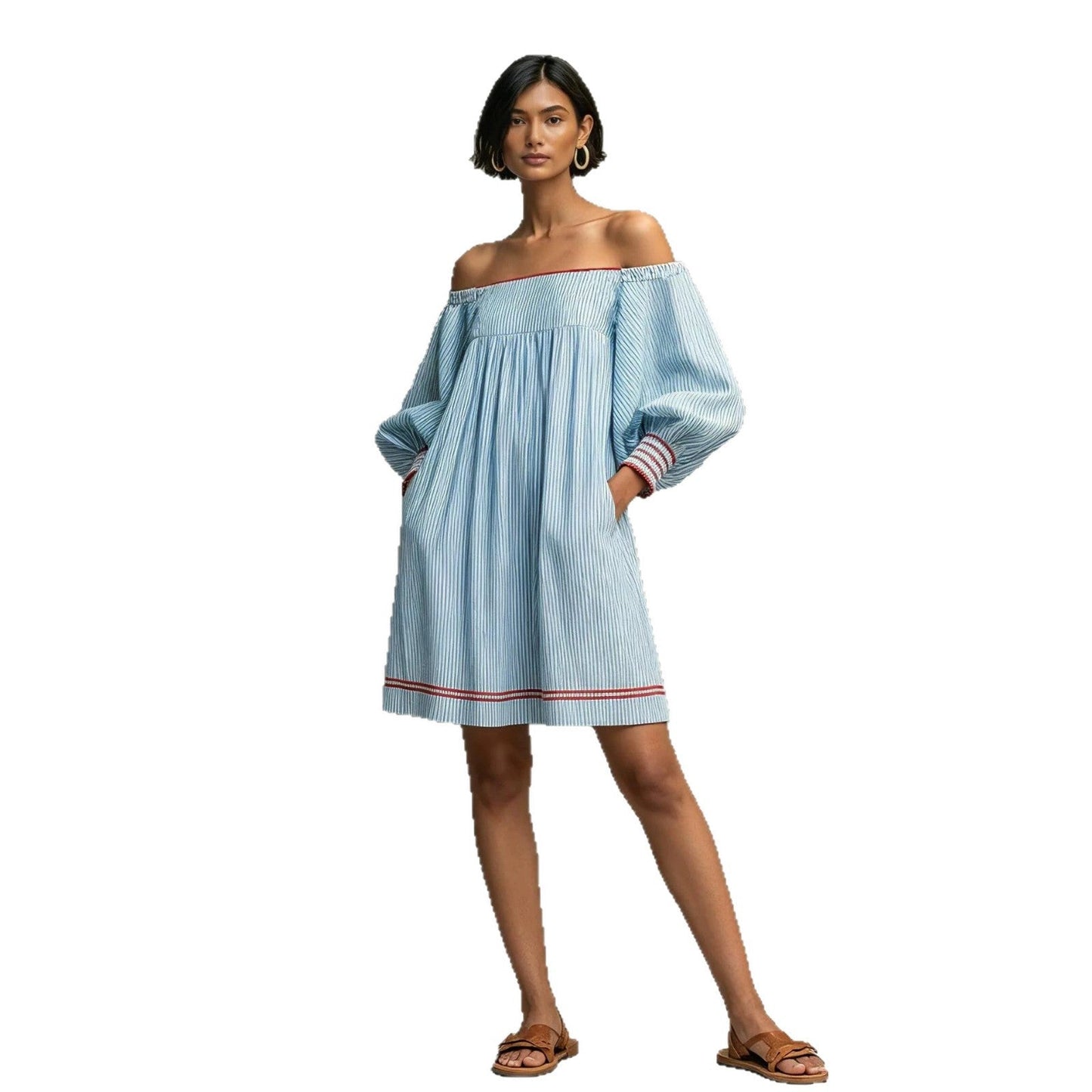 Striped Square Neck Balloon Sleeve Mini Dress