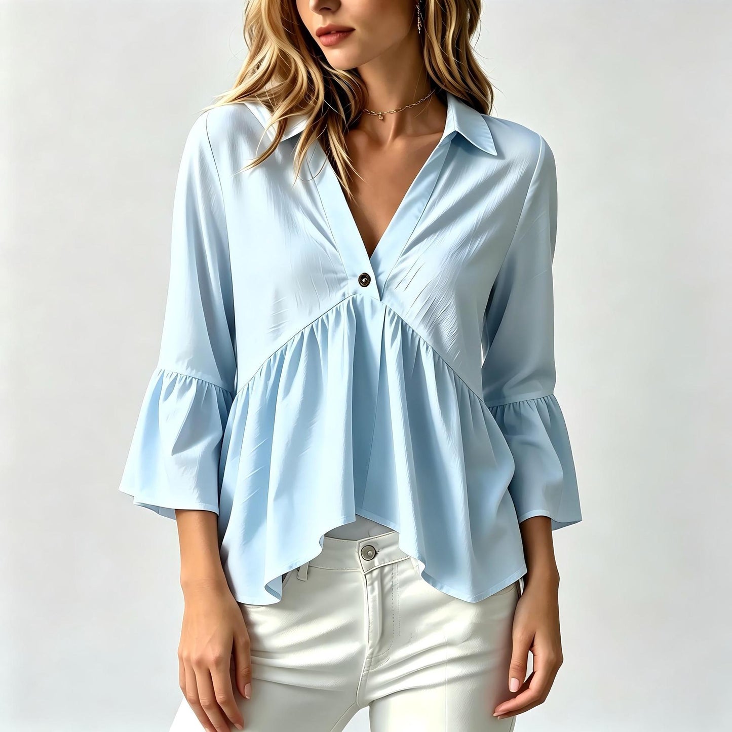 Collared V-Neck Peplum Blouse Top