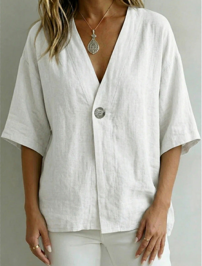 Relaxed Linen V-Neck Button-Front Shirt