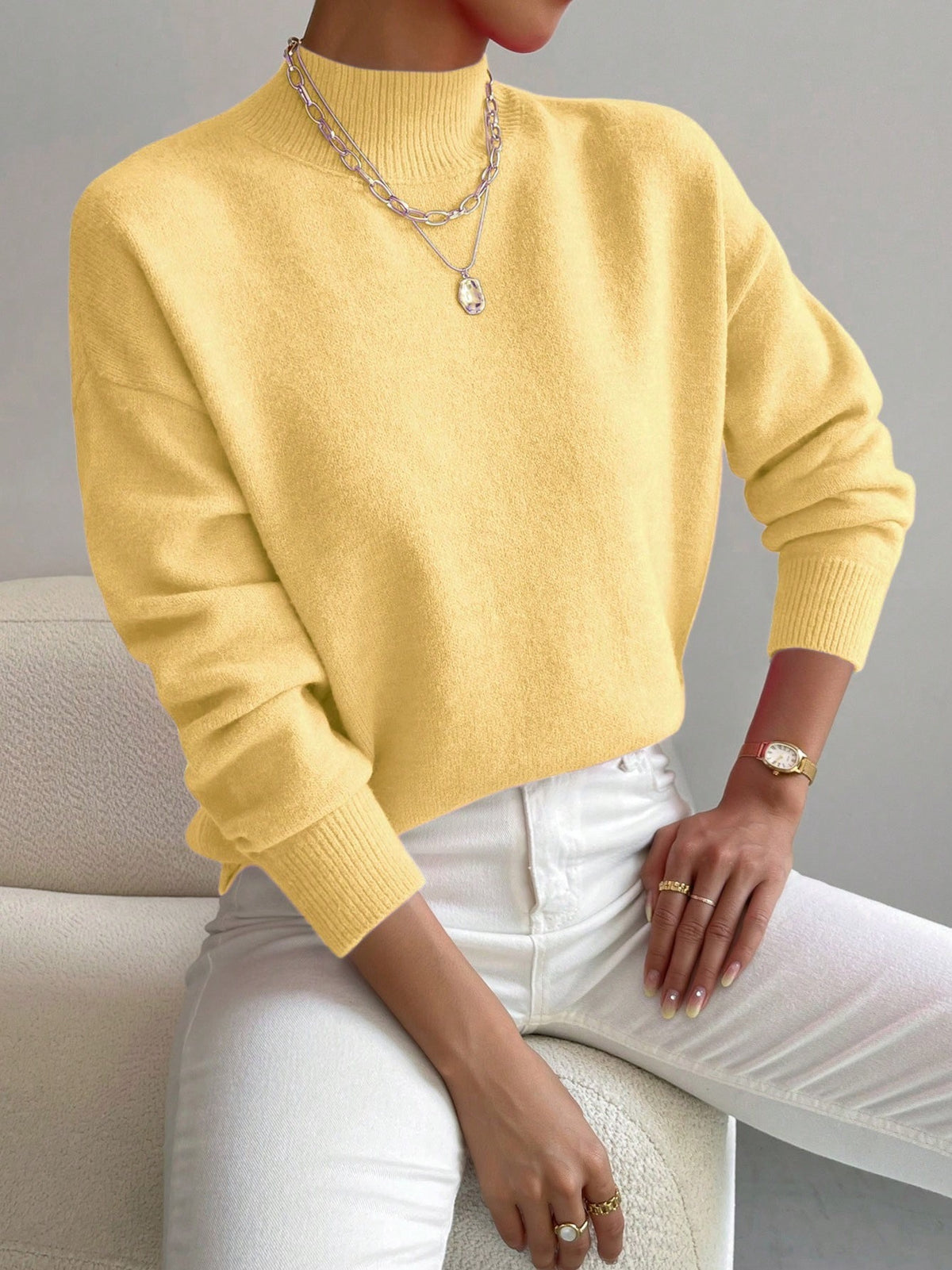 Women's Solid Mock Neck Long Sleeve Knit Sweater