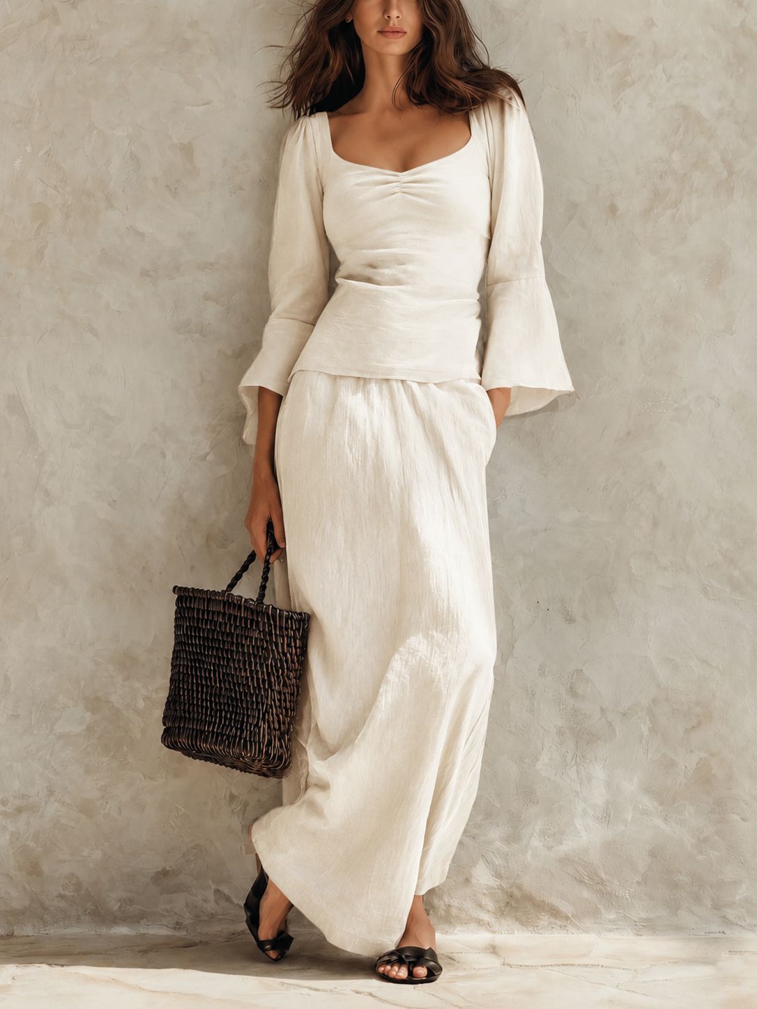 Square Neck Flare Sleeve Top & Maxi Skirt Matching Set