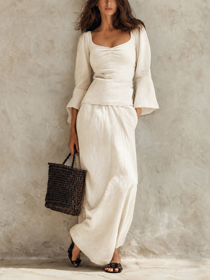 Square Neck Flare Sleeve Top & Maxi Skirt Matching Set