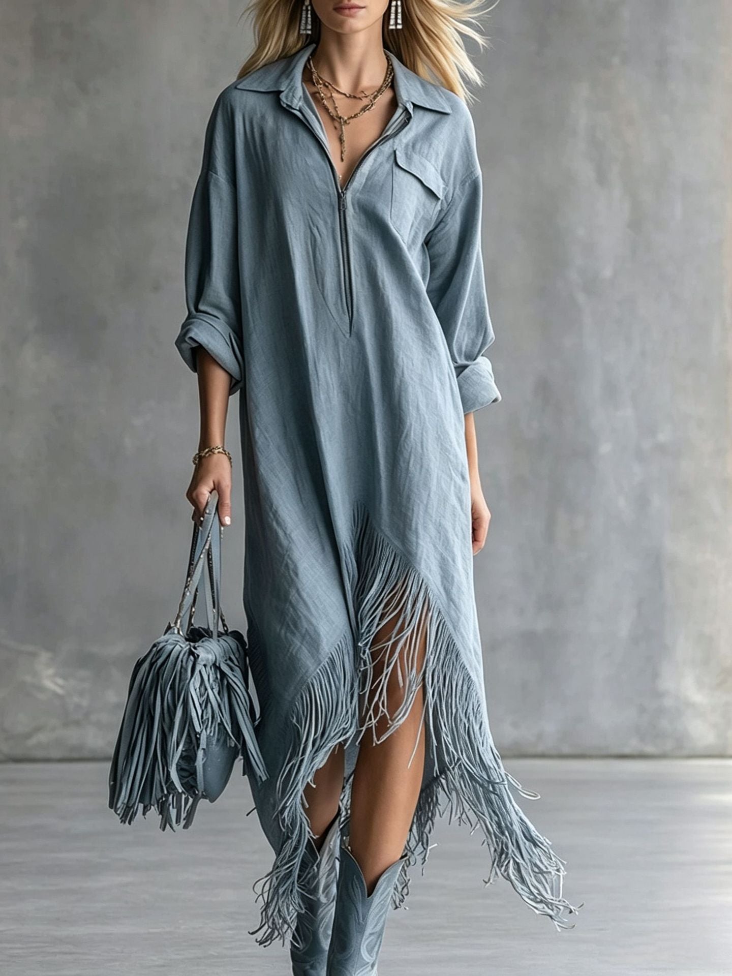 Half Zip Fringe Hem Boho Shirt Dress