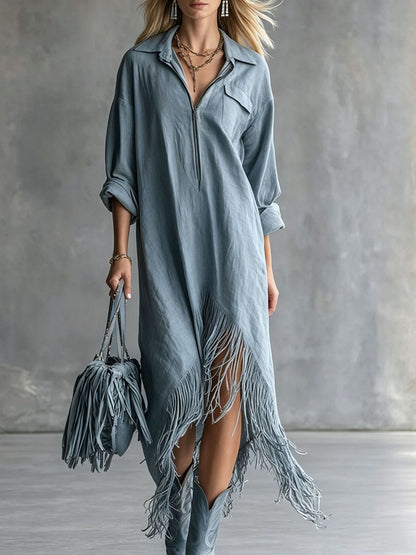 Half Zip Fringe Hem Boho Shirt Dress