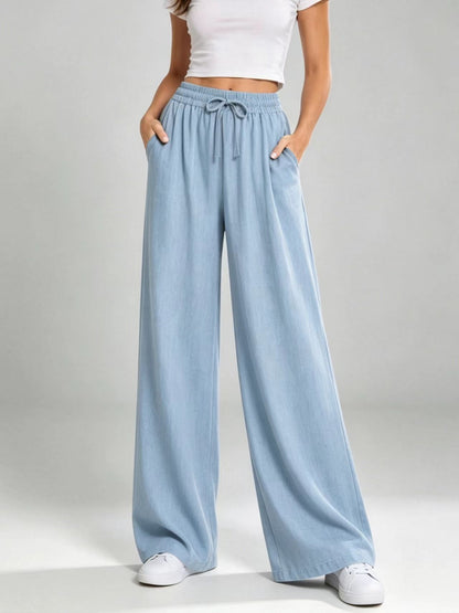 Women's Solid Drawstring Elastic Waist Wide Leg Flowy Long Pants with Pockets