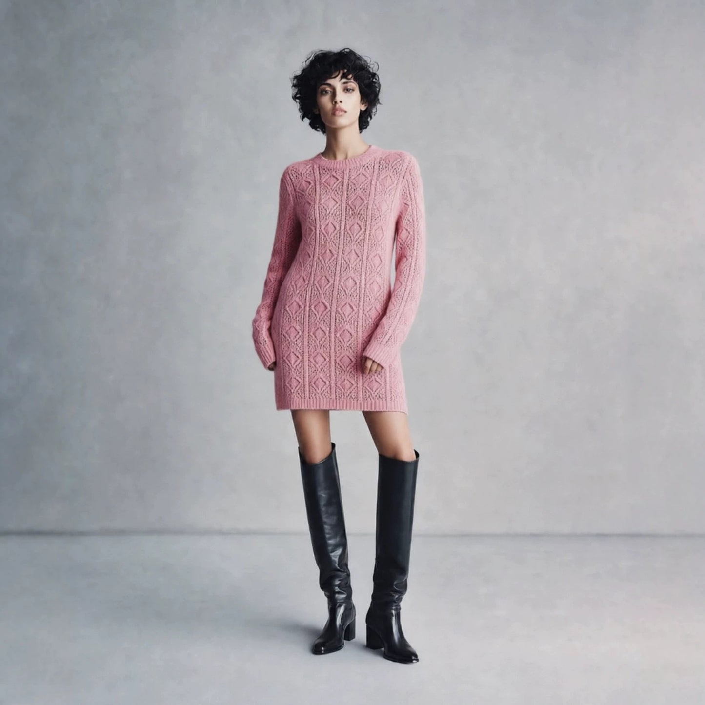 Cable Knit Crew Neck Long Sleeve Mini Sweater Dress
