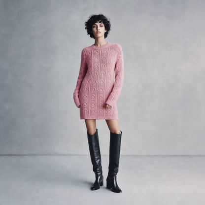 Cable Knit Crew Neck Long Sleeve Mini Sweater Dress