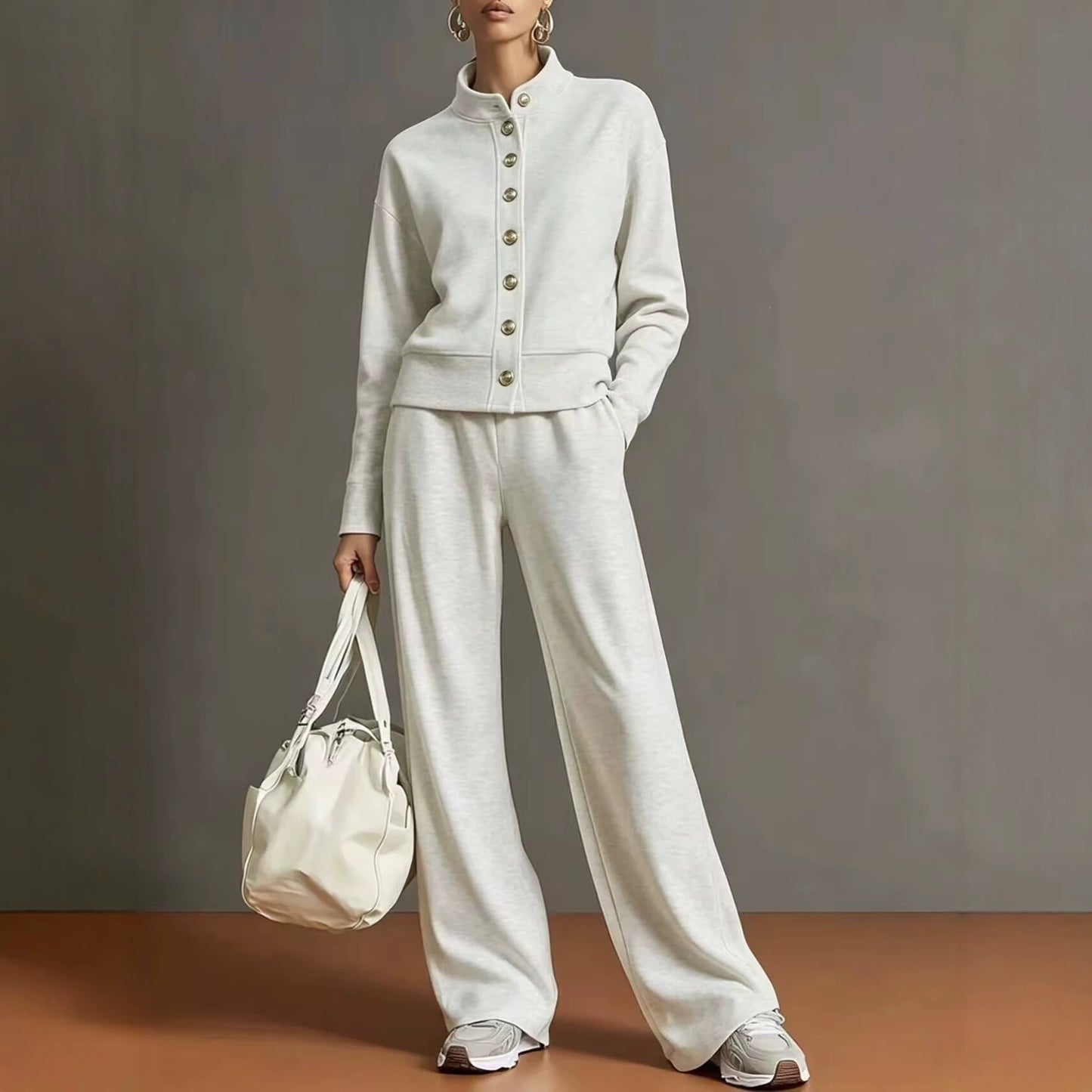 New Solid Color Stand-Up Collar Cardigan Sweatshirt Wide-Leg Pants Suit Independent Station Popular Women
