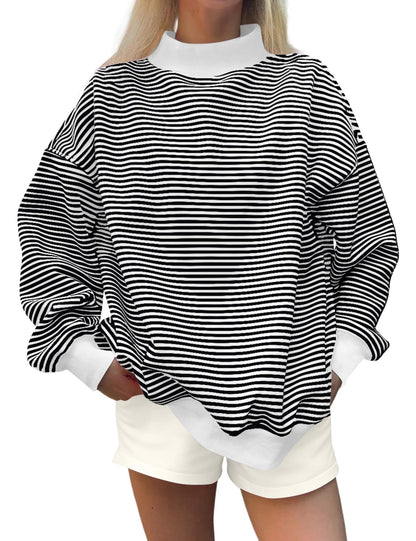 Oversized Striped Mock Neck Sweatshirt