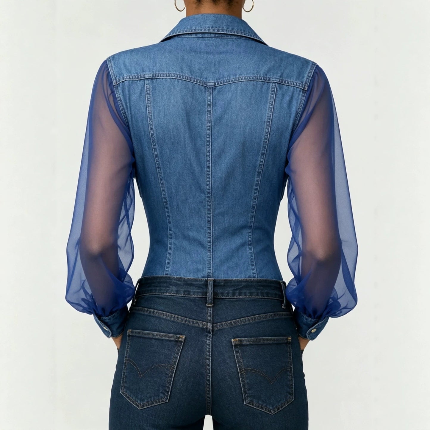 Sheer Mesh Sleeve Denim Blouse