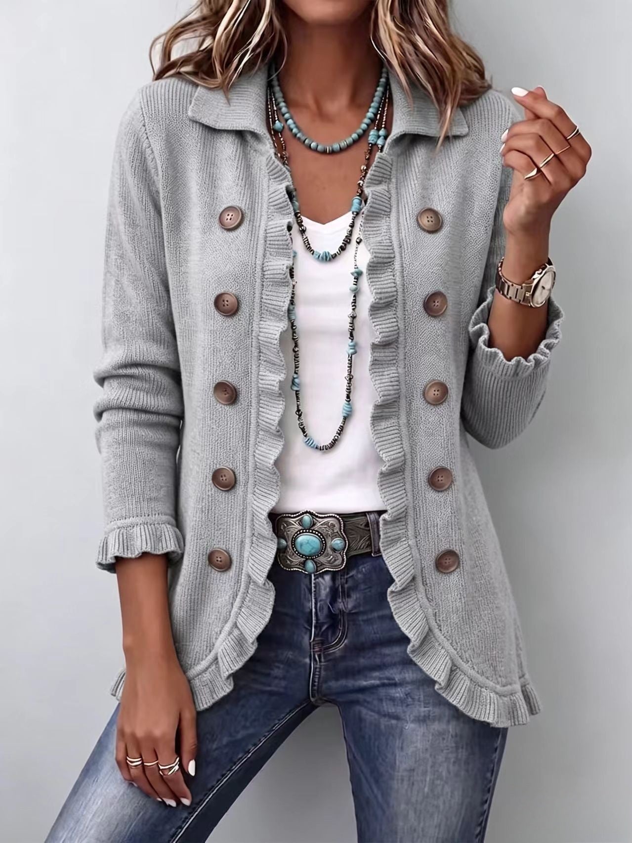 Women's Turquoise Ruffled Knit Cardigan Long Sleeve Button-Down Casual Jacket
