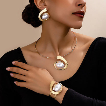 Abstract Curve Statement Jewelry 4-Piece Set | Open Choker Necklace + Adjustable Cuff Bracelet + Matching Drop Earrings