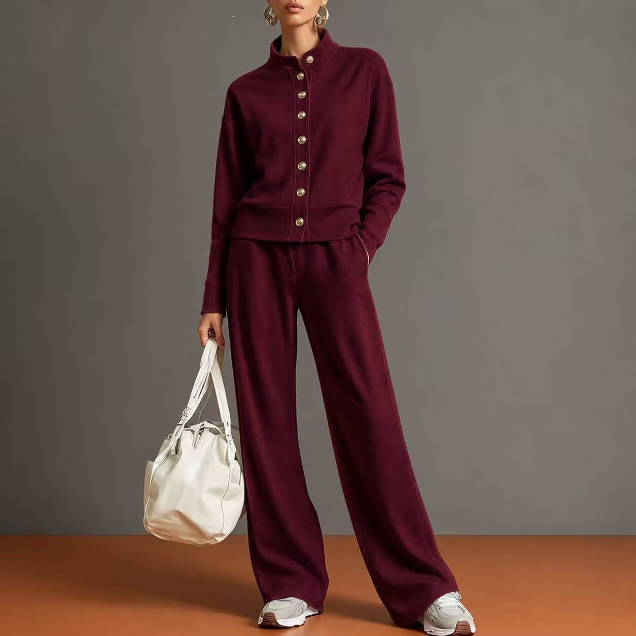 New Solid Color Stand-Up Collar Cardigan Sweatshirt Wide-Leg Pants Suit Independent Station Popular Women