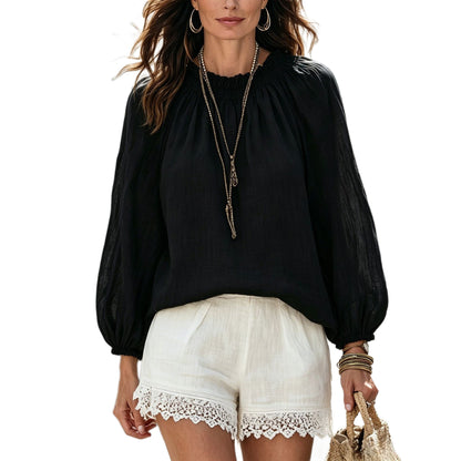 Drawstring Neck Lantern Sleeve Casual Blouse